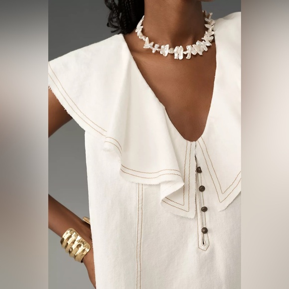 Anthropologie Pilcro Ruffle Neck Linen Swing Blouse Cream Size XS NWT - Picture 3 of 10